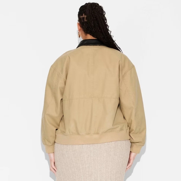 NWT Tan Canvas/ Faux Leather Bomber Jacket Size 2X - Picture 3 of 3